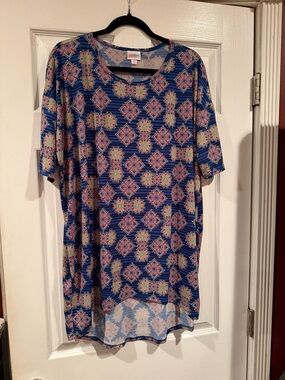 Lularoe Blue Patterned Tunic Top with Pink & Green Medallions
